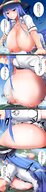 drawing giantess giga city color destruction red_eyes blue_hair huge_breasts breast_crush lying_down looking_down exrumya