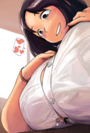 drawing blushing color large_breasts anime climbing brunette low_angle smiling heart looming medium_length_hair shrunken_man looking_down dangle hanging_on looking_at_tiny bakugeki_no_g