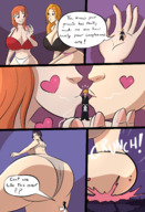 drawing gentle giantess panties bleach mega blonde comic color butt handheld cleavage bra butt_crush blue_hair huge_breasts blood kissing looking_down giantesses orange_hair caiman2 kurosaki_ichogo