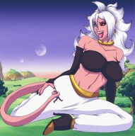 drawing giantess white_hair vore tail blonde color long_hair tongue clothed cleavage high_heels anime red_eyes smiling dbz sitting android_18 black_eyes dragon_ball open_mouth outdoors jewelry monster_girl imminent_vore implied_vore looking_at_tiny pointed_ears pink_skin random-bard bare_midriff android_21 jessica-rae-3