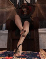 feet horns wings long_hair toes barefoot soles demon low_angle succubus red_hair sitting demoness worship foot_play shrunken_people looking_down bones between_toes indoors under_foot throne looking_at_tiny digital_render bare_legs monkeygts