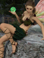 feet wings blonde clothed toes cleavage butt_crush fairy smiling sandals shrunken_people looking_down trapped straps outdoors hanging_on climbing_foot skimpy_clothing looking_at_tiny pointed_ears digital_render bare_midriff sitting_on_tiny monkeygts