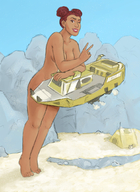 drawing giantess nude color buildings brown_eyes smiling red_hair mountains vehicles dark_skin outdoors looking_at_viewer tip_toe winking airship hair_buns peace_sign sunny-d-lite apex_legends lifeline