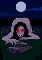 drawing giantess nude black_hair color helicopter red_eyes tank red_nails all_fours glowing_eyes spuski
