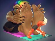 drawing feet furry anthro color clothed toes barefoot soles fox bear smiling sitting muscles shrunken_man piercing mohawk all_fours stretching orange_eyes yoga no_background looking_at_tiny multicolored_hair skintight_clothing puffypinkpaws embear