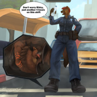 drawing feet furry anthro color clothed toes hyena sweat low_angle insole in_shoe story paws police boots uniform shrunken_man looking_down trapped vehicles between_toes outdoors smelly dialogue cutaway police_officer plussun