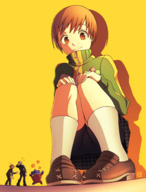 drawing gentle giantess upskirt color clothed skirt shoes socks short_hair squatting shorts heart sweater orange_eyes persona_4 persona chie_satonaka thunderafterdark looking_at_tinies yosuke_hanamura houndstooth yu_narukami teddie