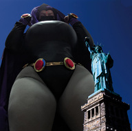 giantess collage mega purple_hair huge_breasts raven teen_titans looking_down mask point_of_view cape belt statue_of_liberty leotard hood dc_comics thick chyna_chase