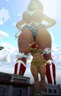 breasts giantess giga city mega black_hair large_breasts armor bra multiple_sizes giganta red_hair boots airplane giantesses costume wonder_woman point_of_view leotard bracelet jetslasher tiara hands_on_hips lasso leopard_print digital_render dc_comics loincloth bare_legs bare_midriff