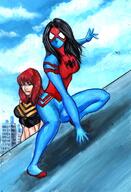 breasts drawing giantess city mega black_hair color buildings green_eyes asian red_hair mask costume top mary_jane spider-man marvel_comics the_wasp cindy_moon silk grim1978 bare_midriff earth_20052 spider_woman