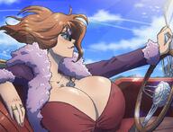 drawing gentle color breastheld cleavage green_eyes huge_breasts brunette shrunken_man sunglasses vehicles zerohour99
