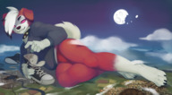 drawing giantess pokemon feet furry giga anthro city dog color destruction clothed toes barefoot buildings smiling in_shoe moon paws lying_down pink_eyes canine collar rubble foot_print thighs outdoors shoe_insertion multicolored_hair bare_legs kerneldecoy discarded_footwear lycanroc quakeroc