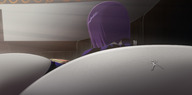 drawing color butt purple_hair raven teen_titans lying_down shrunken_people indoors tinies point_of_view belt leotard on_butt dc_comics anon grey_skin titan_tower ravenravenraven butt_landscape