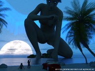 giantess nude wings blue_eyes beach water moon kneeling eyes glowing_eyes looking_at_tiny digital_render dr-none