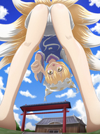 drawing giantess panties upskirt blonde color touhou yellow_eyes camel_toe shrine point_of_view looking_at_viewer thedaibijin