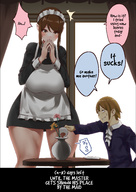 drawing comic color large_breasts clothed brunette brown_eyes mini_giantess maid_uniform intimidation servant uru bullying