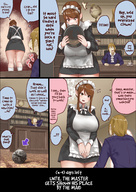 drawing comic color large_breasts clothed brunette brown_eyes mini_giantess maid_uniform intimidation servant uru bullying