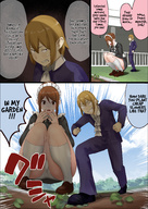 drawing panties upskirt comic color large_breasts clothed brunette brown_eyes mini_giantess maid_uniform intimidation servant uru bullying