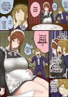 drawing comic color large_breasts clothed brunette brown_eyes mini_giantess maid_uniform intimidation servant uru bullying