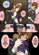 drawing panties upskirt comic color large_breasts clothed handheld brunette brown_eyes mini_giantess maid_uniform intimidation servant uru bullying