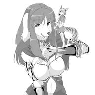 drawing feet furry anthro dog monochrome long_hair armor clothed barefoot cleavage smiling paws short_hair canine collar shrunken_woman jewelry looking_at_viewer bangs no_background bare_legs latiro on_arm shebeast minxen
