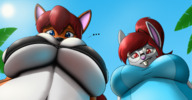 drawing furry color large_breasts swimsuit blue_eyes glasses red_eyes fox low_angle mouse red_hair underboob looking_down point_of_view murine creatiffy
