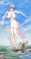 drawing giantess nude feet giga city color destruction barefoot red_eyes foot_crush looking_down mountains clouds outdoors grey_hair convenient_censorship foot_prints melade melxxxde