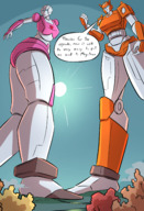 breasts drawing giantess giga alien color robot blue_eyes looking_down giantesses outdoors dialogue transformers arcee caiman2 picjusbro elita-1