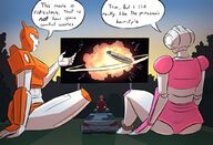 breasts drawing giantess mega alien color robot blue_eyes sitting star_wars giantesses movie outdoors dialogue drive_in_theater transformers millennium_falcon arcee caiman2 picjusbro elita-1