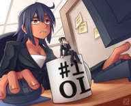 drawing gentle black_hair color clothed cleavage glasses brown_eyes shrunken_man computer thunderafterdark