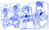 breasts drawing growth giantess comic monochrome anime outgrowing_building wizdomtooth lineart ripped_clothing dialogue