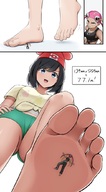 drawing pokemon feet comic black_hair color blue_eyes clothed toes barefoot soles anime sequence low_angle smiling short_hair foot_crush looming shrunken_woman looking_down dark_skin under_foot raised_foot panels bangs stuck_to_foot no_background multicolored_hair plumeria mizuki yuitak