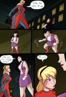breasts drawing growth giantess mega blonde comic black_hair color large_breasts long_hair blue_eyes skirt low_angle brown_eyes gloves boots looking_down giantesses thighs prison costume lois_lane catsuit doom_patrol earrings belt dialogue hairband body_suit looking_at_tiny dc_comics bare_legs elasti-girl wonder_girl caiman2 fusion titanna cassie_sandsmark