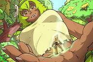 drawing color handheld shrinking low_angle brown_eyes smiling green_hair hand palm shrunken_woman looking_down forest dark_skin shrunken_person outdoors point_of_view evangelyne wakfu amalia buggysplat looking_at_tiny bare_midriff