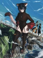 drawing giantess feet furry cat anthro city mega dog black_hair color destruction clothed toes barefoot buildings glasses stockings high_angle smiling paws short_hair foot_crush fire canine walking giantesses smoke outdoors looking_at_viewer leotard hands_on_hips bangs debris skintight_clothing hesitate_(artist)