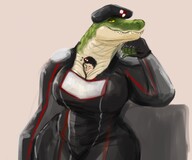 drawing furry anthro color large_breasts clothed cleavage squeeze smiling gloves mini_giantess uniform shrunken_man trapped reptile alligator looking_at_viewer inside_clothing sharp_teeth scalie beret crocodile skintight_clothing clothing_entrapment between_breasts doctordj