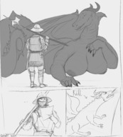 drawing nipples giantess nude furry dragoness horns wings anthro dragon monochrome large_breasts armor clothed knight smiling lying_down weapon reptile panels scalie looking_at_tiny doctordj