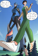 breasts drawing giantess giga alien black_hair color robot blue_eyes shoes brown_eyes couple short_hair phone lesbians unaware giantesses outdoors dialogue holding_hands transformers arcee caiman2 picjusbro june_darby jack_darby