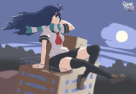 drawing giantess city color long_hair blue_eyes clothed skirt buildings blue_hair stockings sitting airplane night thighs outdoors full_moon scarf gamefreakdx cracked_wall violet