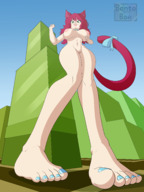 giantess large_breasts green_eyes red_hair collar looking_down cat_girl point_of_view blue_nails ari bentobox