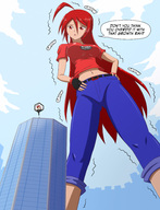 drawing growth giantess size_difference mega color clothed red_eyes red_hair skyscraper pants dialogue thedaibijin speech_bubble