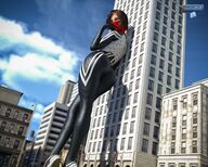 giantess city mega black_hair butt buildings asian mask large_butt leaning leaning_against_building costume legs_crossed digital_render marvel_comics cindy_moon silk wotm8h8