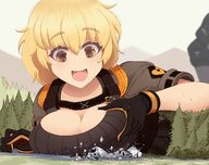 drawing giantess blonde color large_breasts long_hair destruction clothed cleavage breast_crush brown_eyes smiling gloves lying_down looking_down open_mouth mountains outdoors trees squeezing cupping_breasts ncmares yohomeboync yohomeboyraps out_of_frame