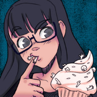 drawing vore black_hair color glasses shrunken_people cupcake in_food on_kinky beatricegiganta