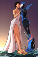 breasts drawing giantess earth giga alien black_hair color robot destruction barefoot cleavage dress short_hair sun kissing wedding_dress lesbians giantesses outdoors bride closed_eyes transformers bare_legs arcee caiman2 picjusbro june_darby