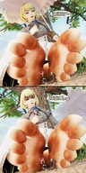 feet blonde long_hair blue_eyes clothed toes barefoot soles low_angle smiling story pink_hair green_hair short_hair foot_worship sitting pigtails shrunken_woman outdoors foot_slave between_feet braid thigh_highs dialogue panels bangs fire_emblem digital_render bantoras hilda_(fire_emblem) constance_(fire_emblem) flayn_(fire_emblem)