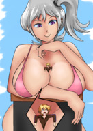 drawing gentle color large_breasts clothed bra purple_eyes shrunken_man looking_down grey_hair looking_at_tiny gtsleuth between_breasts