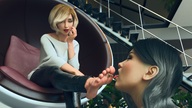 feet vore blonde black_hair long_hair clothed toes barefoot soles multiple_sizes short_hair foot_worship sitting lesbians shrunken_woman shrunken_man open_mouth between_toes indoors tongue_piercing foot_slave nail_polish raised_foot bangs imminent_vore struggling looking_at_tiny digital_render mobiusone