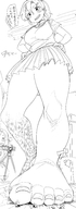 drawing feet blushing monochrome clothed toes barefoot anime low_angle smiling scared story ponytail looming camera shrunken_people looking_down japanese_text hands_on_hips running_away bangs looking_at_tiny bakugeki_no_g bare_legs