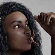 nude pussy vore black_hair long_hair handheld scared shrunken_woman inside_mouth dark_skin curly_hair struggling looking_at_tiny digital_render loca-lyn